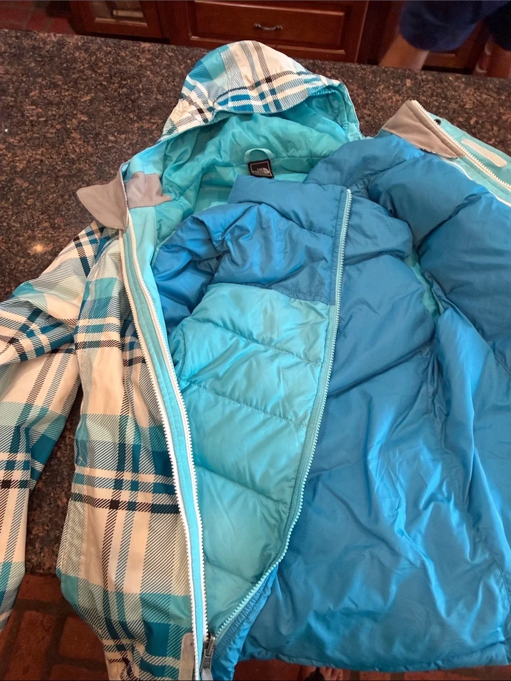 The North Face Teal and White Plaid Hooded Shell Jacket and vest zip in liner